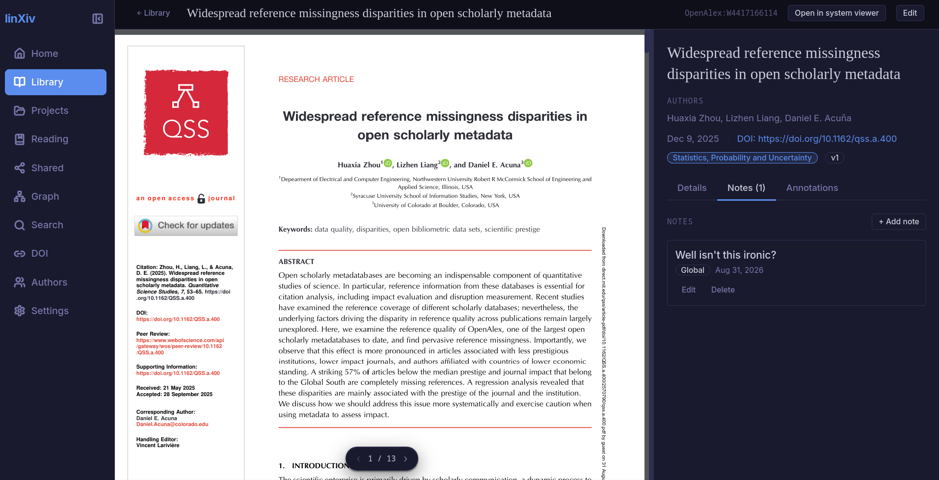 The linXiv paper detail view with the embedded PDF viewer